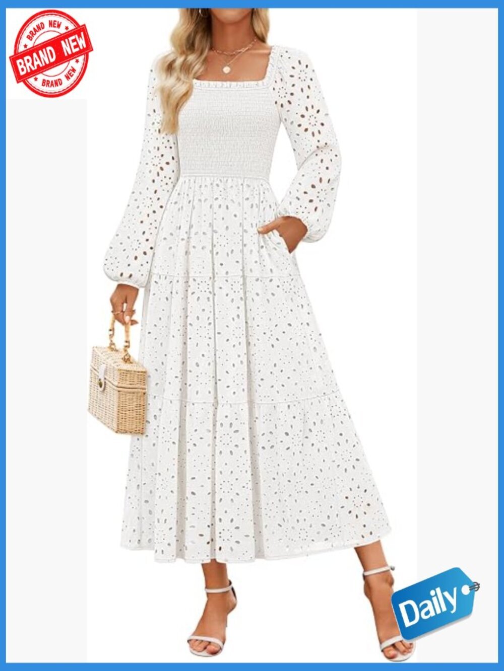 Long Sleeve Square Neck Maxi Dress Smocked A Line Party